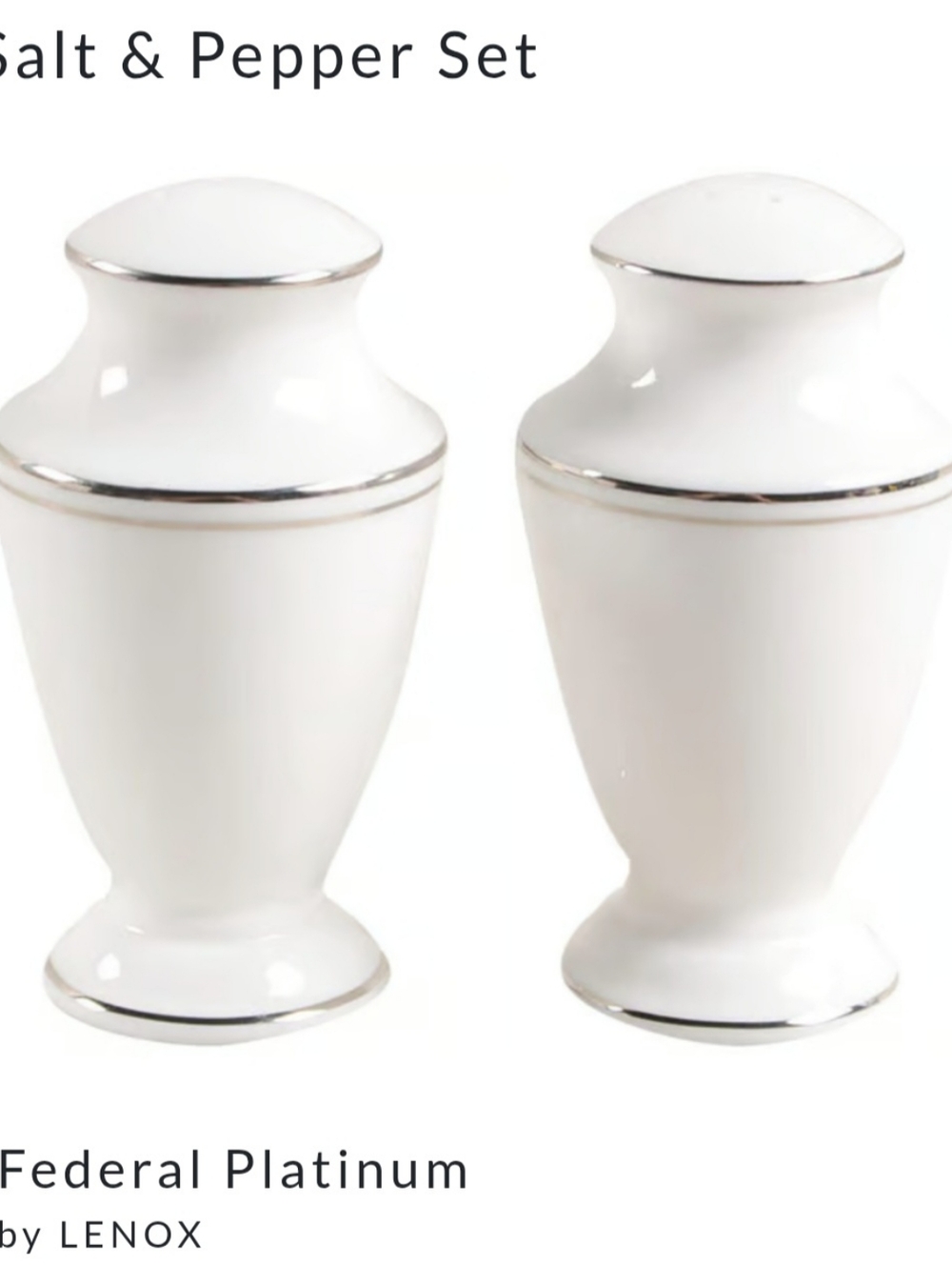 NWT Lenox Federal Platinum Bone China Salt and Pepper Shakers